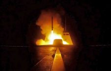 A cruise missile is launched from a French navy ship in the Mediterranean