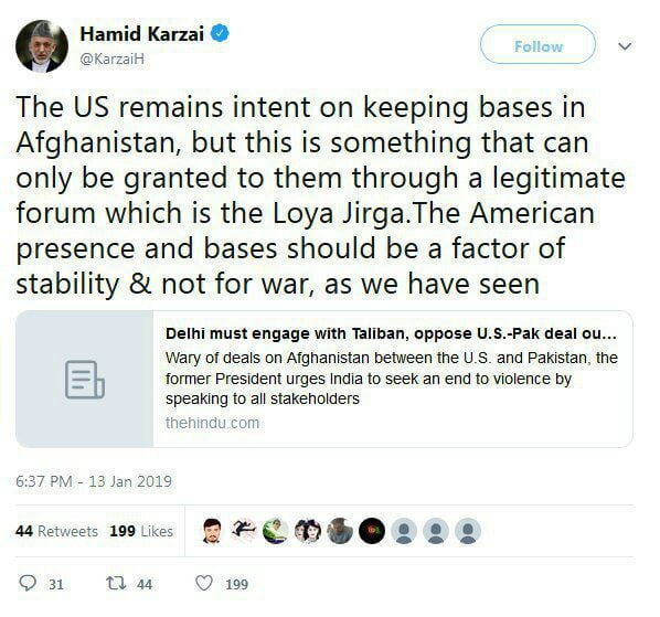 کرزی 1 - US Asks Taliban to let Troops and Bases Permanently Remain in Afghanistan