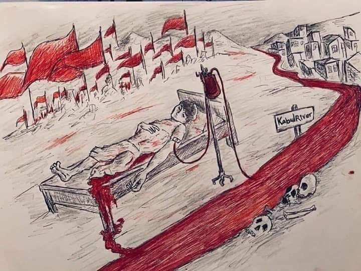خون - کاریکاتور/ دریای کابل از خون کودکان وطن رنگین شده است