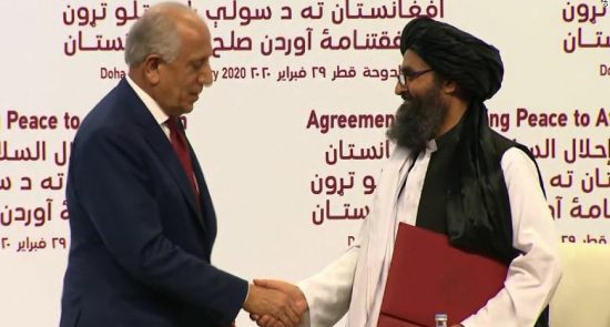 امریکا طالبان 1 550x295 - اعلامیه طالبان در سالگرد امضای توافقنامه با ایالات متحده امریکا