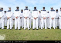 The crew from HMAS Newcastle on parade after the Anzac Day march.